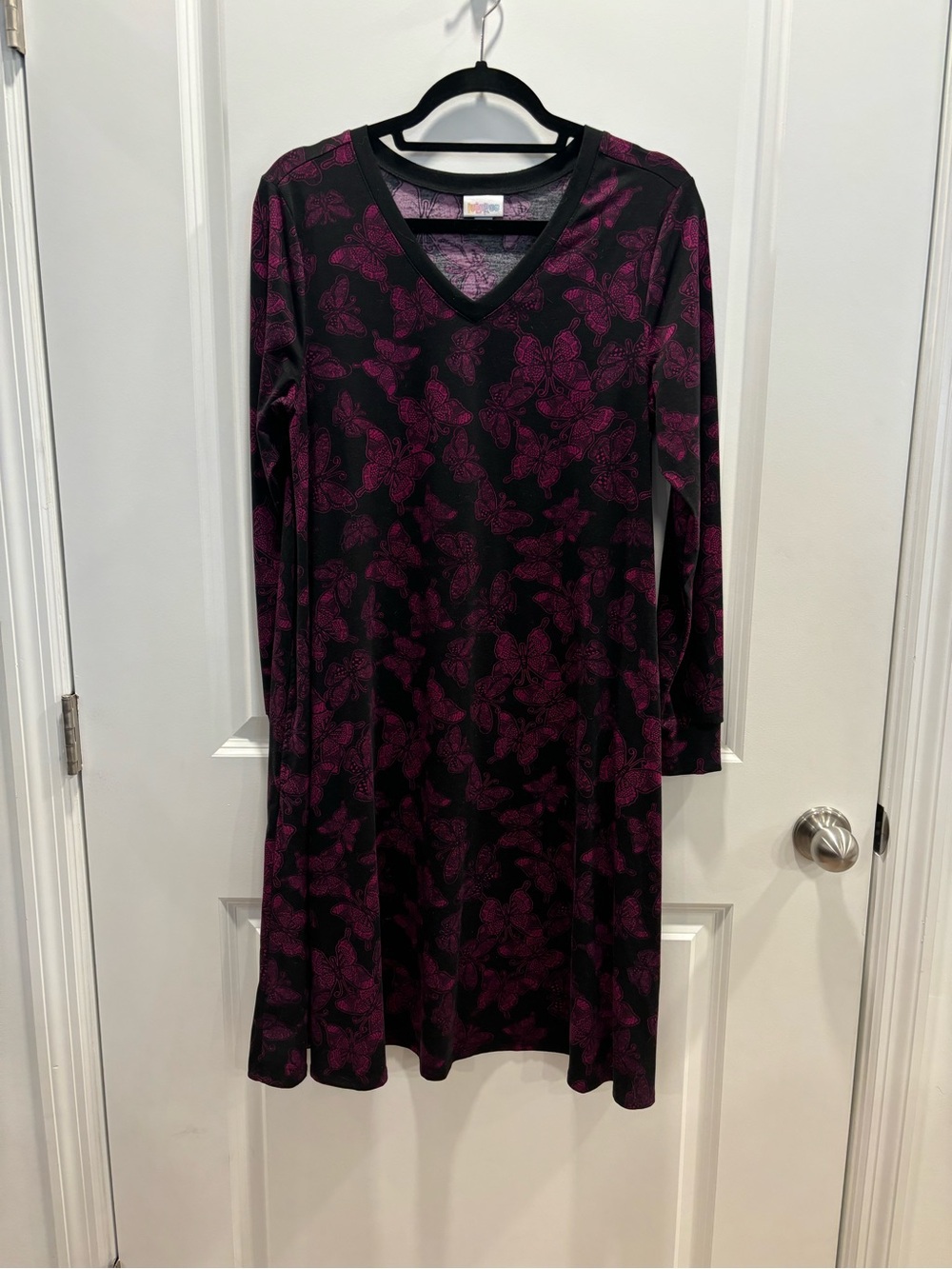 LuLaRoe Emily Black Long Sleeve V-Neck Swing Dress with Magenta Butterfly Print